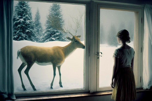 Giovane e bella donna guarda un cervo attraverso la finestra Momento magico nella foresta bianca invernale ai generativo