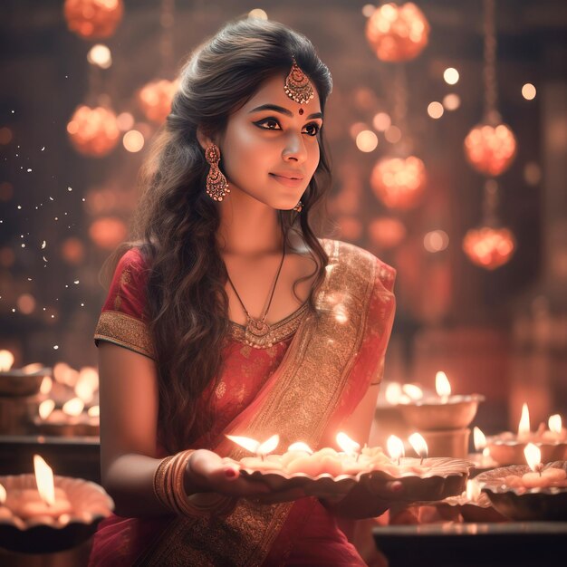 Giovane e bella donna indiana che celebra il festival di Diwali