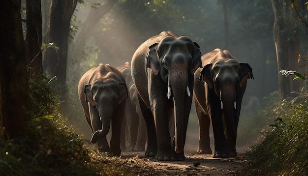 Giovane elefante che cammina nella foresta pluviale tropicale con mandria e famiglia generata dall'intelligenza artificiale
