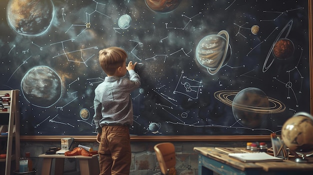 Giovane esploratore osserva il sistema solare bambino in classe con immagini di pianeti tema educativo sognando viaggi spaziali IA