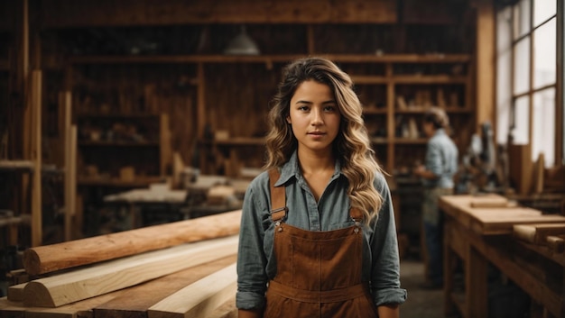 Giovane falegname fiduciosa come designer del legno nel laboratorio di lavorazione del legno