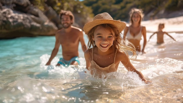 giovane famiglia che gioca su una spiaggia di mare sabbiosa