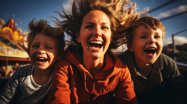 Giovane famiglia che urla con le braccia alzate sulle montagne russe