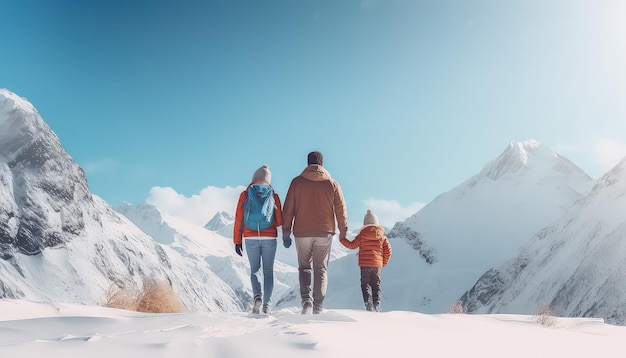 Giovane famiglia che viaggia insieme in montagna