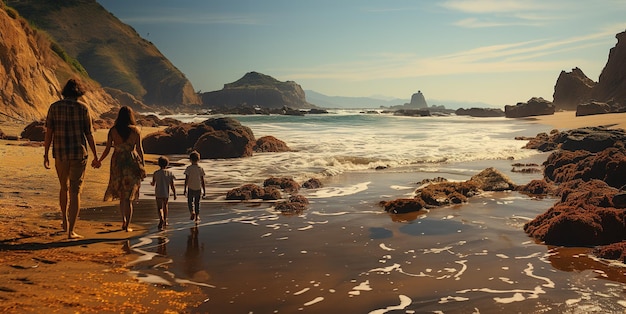 Giovane famiglia con un bambino che cammina sulla spiaggia vista dal retro AI generativa