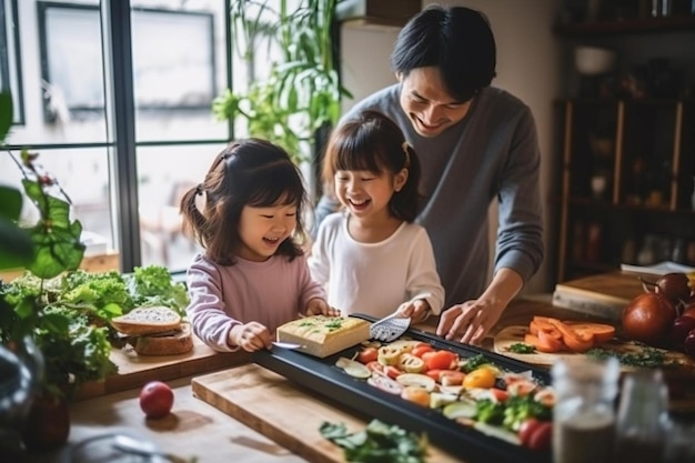 giovane famiglia d'amore asiatica sta preparando la colazione panino verdura sul tavolo in cucina che