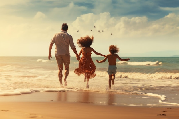 giovane famiglia felice con figlia piccola divertirsi correndo e saltando sulla spiaggia vista posteriore felice giovane famiglia correre e saltare sulla spiaggia estiva AI generato