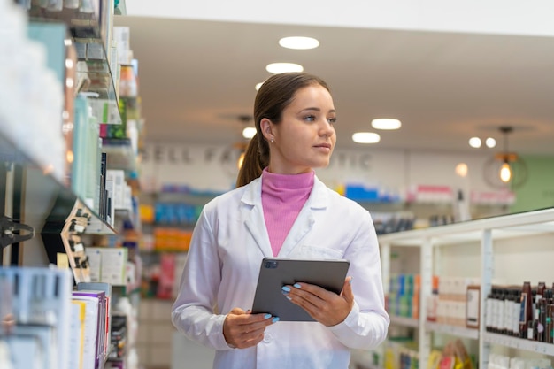 Giovane farmacista che guarda in giro con un tablet digitale in farmacia