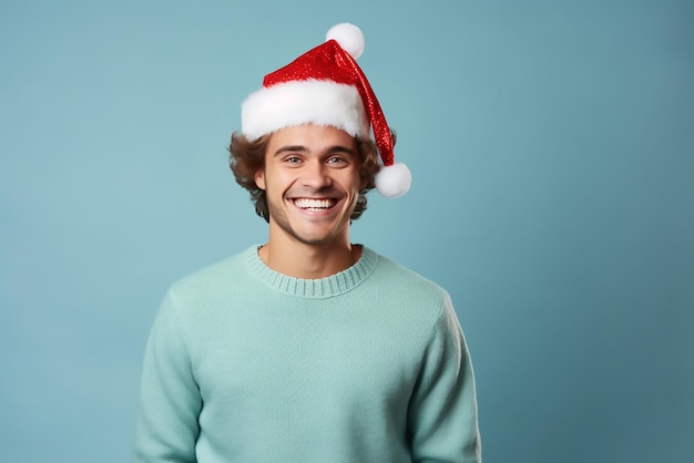 Giovane felice con il maglione di Natale e il cappello di Babbo Natale su uno sfondo blu chiaro Spazio per il testo