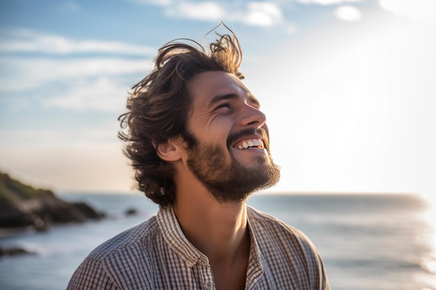 giovane felice con lo zaino che guarda al cielo al mare