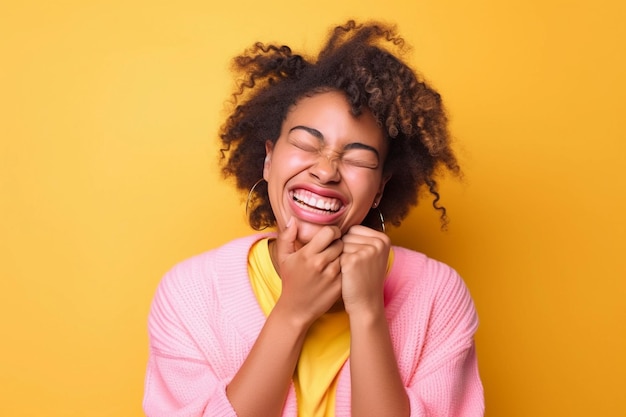 Giovane femmina nera con i capelli ricci in abiti eleganti sorridenti guardando la fotocamera Sfondo giallo