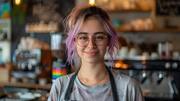 Giovane femminista con occhiali sorridenti in primo piano al suo posto di lavoro Concept struggle feminism