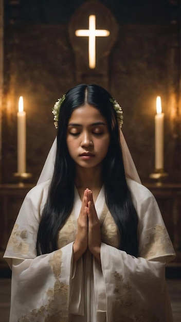 Giovane filippina con lunghi capelli neri in studio che prega mostrando devozione persona religiosa