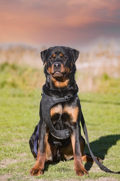 Giovane formazione rottweiler per la protezione nella natura