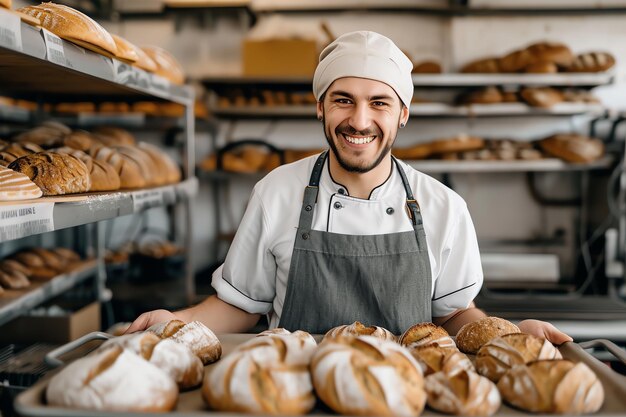 giovane fornaio sorridente al lavoro generato da IA