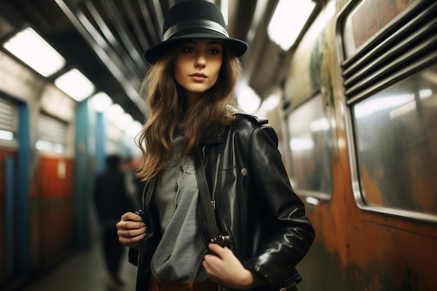 Giovane fotografa elegante che esplora la metropolitana della città