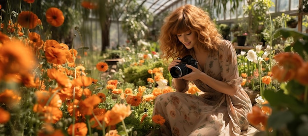 Giovane fotografa rossa in abito che scatta foto in un vivaio di fiori arancione