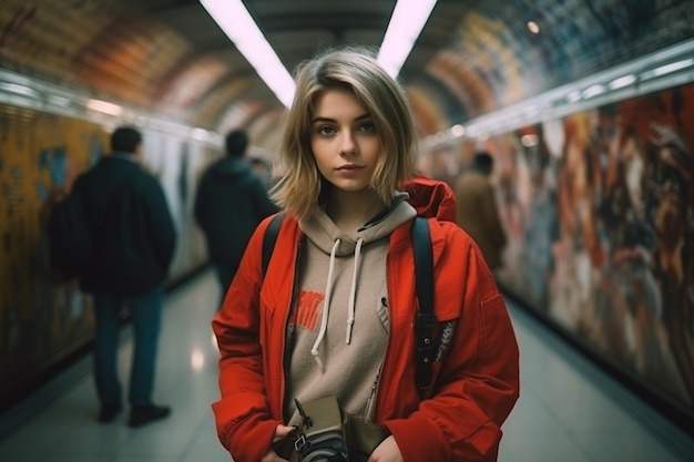 Giovane fotografo femminile alla moda che esplora la metropolitana della città