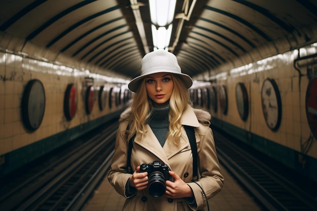 Giovane fotografo femminile alla moda che esplora la metropolitana della città