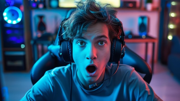Giovane giocatore con cuffie e microfono che esprime stupore mentre gioca a videogiochi in una stanza illuminata al neon