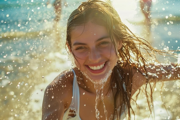 Giovane gioiosa sorridente con spruzzi d'acqua all'ora d'oro sulla spiaggia