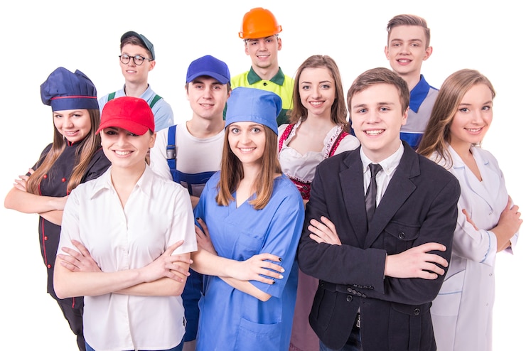 Foto giovane gruppo di lavoratori industriali