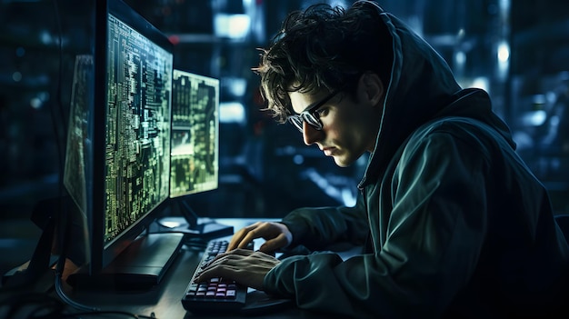 Giovane hacker con cappuccio che usa il computer in una stanza buia concetto di criminalità informatica
