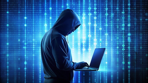 giovane hacker irriconoscibile con cappuccio nero che usa un portatile
