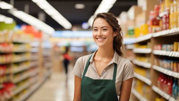Giovane impiegato femminile del supermercato sul lavoro