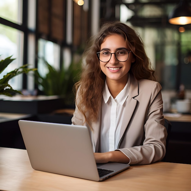 Giovane impiegato professionale felice della donna di affari che si siede allo scrittorio che lavora al computer portatile