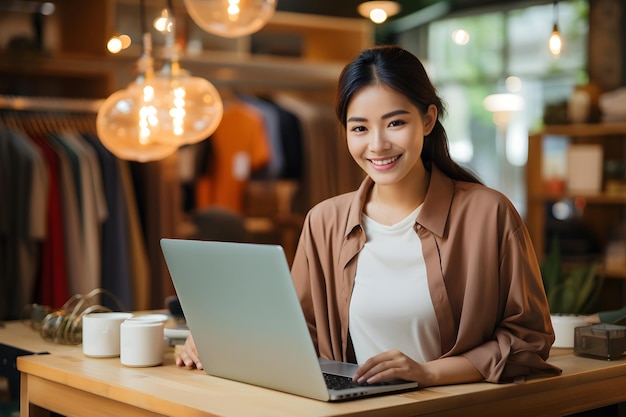 Giovane imprenditrice che lavora su un computer portatile Concetto di vendita online e di e-commerce AI generativo