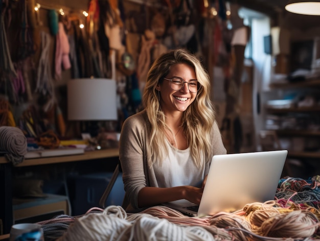 Giovane imprenditrice e designer di moda che lavora con un laptop sul suo atelier di maglieria