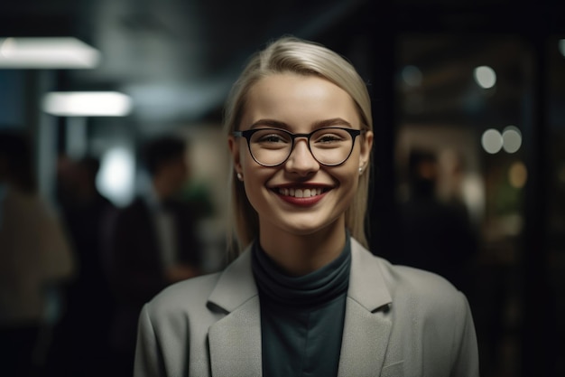 Giovane imprenditrice svedese intelligente volto sorridente in piedi in sfocatura dello sfondo di un ufficio occupato IA generativa AIG20