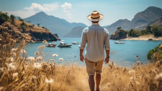 giovane in cappello di paglia sulla spiaggia con le montagne in una giornata di sole