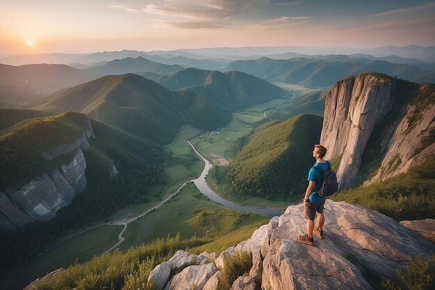 Giovane in piedi in cima a una scogliera nelle montagne estive al tramonto e godendo della vista della natura