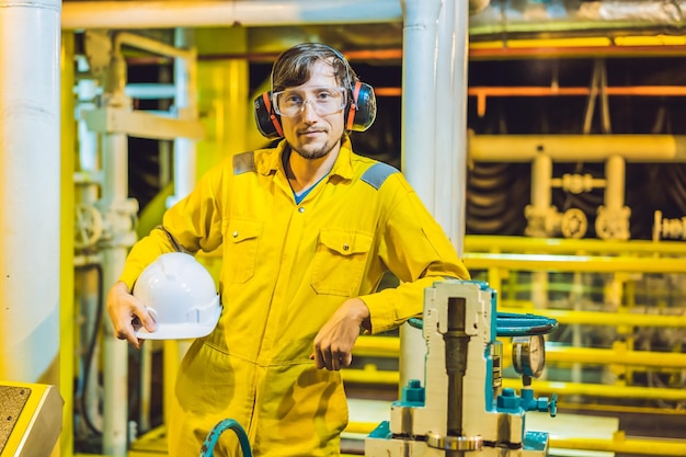 Giovane in un'uniforme da lavoro gialla occhiali e casco in ambiente industriale piattaforma petrolifera o