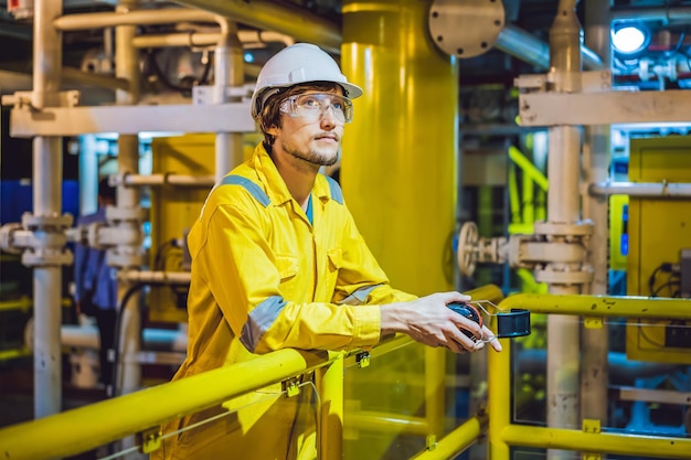 Giovane in un'uniforme da lavoro gialla occhiali e casco in ambiente industriale piattaforma petrolifera o