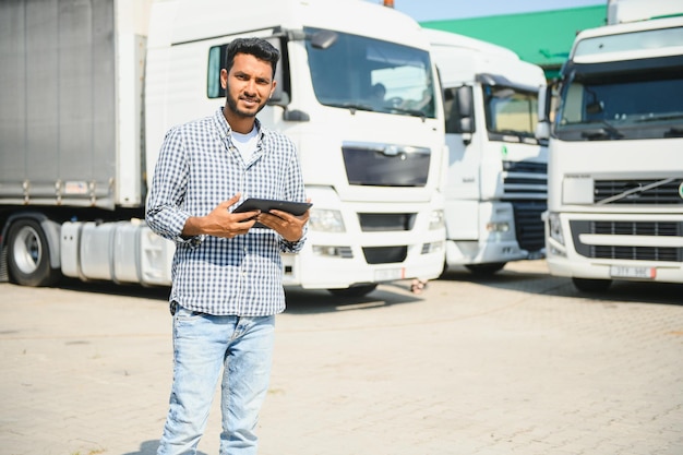 Giovane indiano in piedi vicino al suo camion Il concetto di trasporto merci