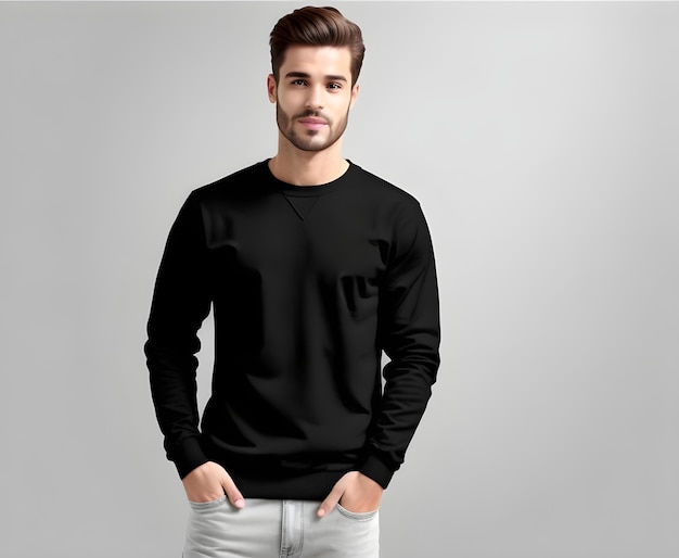 Giovane indossando un maglione nero vuoto modello di stampa presentazione modello ai generare