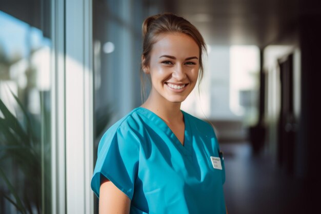 Giovane infermiera caucasica in uniforme in un ufficio ospedaliero sorridente ritratto behance fotografie