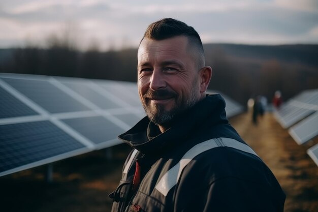 Giovane ingegnere che usa un tablet per ispezionare e mantenere i pannelli solari in un campo illuminato dal sole