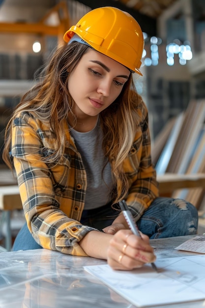 Giovane ingegnere donna con cappello giallo che si concentra sui piani architettonici sul cantiere