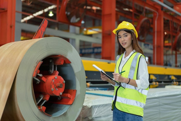 Giovane ingegnere femminile che indossa un giubbotto di sicurezza con casco giallo che controlla la macchina sul documento in fabbrica