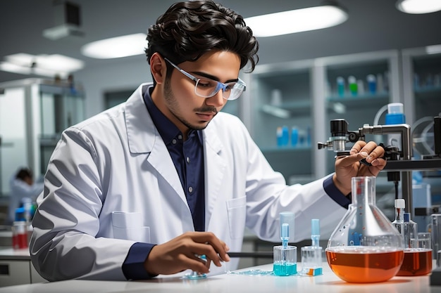 Giovane ispano che indossa l'uniforme di scienziato che misura il liquido in laboratorio