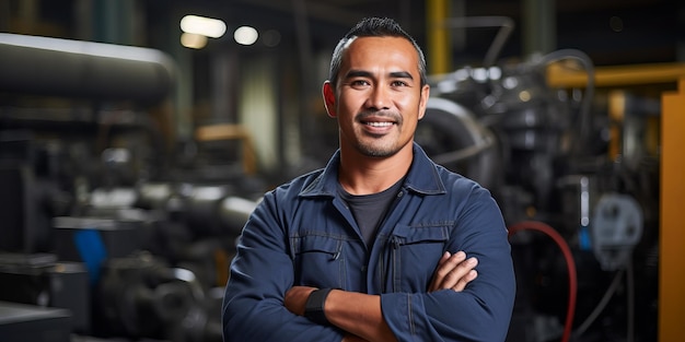 Giovane Latino sorridente o operaio di fabbrica indigeno hawaiano con le braccia incrociate