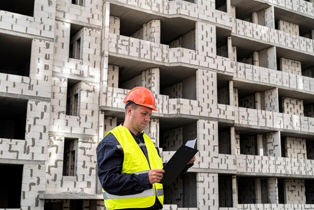 Giovane lavoratore forte in uniforme e casco con un tablet in mano è al cantiere Concetto di costruzione