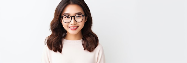 Giovane lavoratrice aziendale asiatica con occhiali che sorride e tiene in mano un tablet digitale in piedi su sfondo bianco