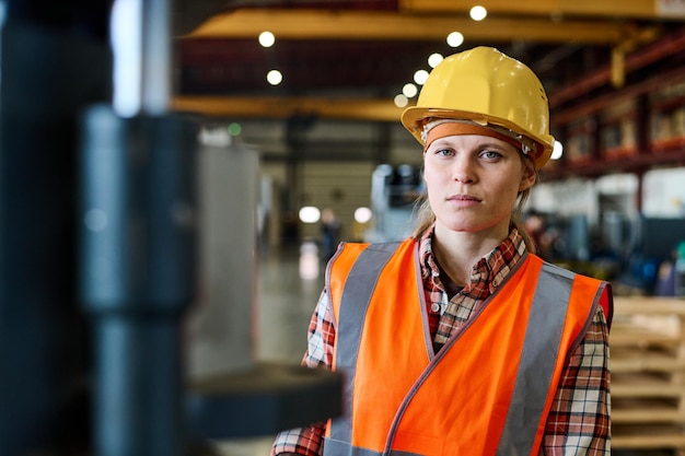 Giovane lavoratrice della moderna fabbrica che guarda l'obbiettivo in officina