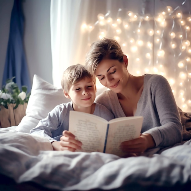 Giovane madre che legge un libro di storia con il suo piccolo figlio