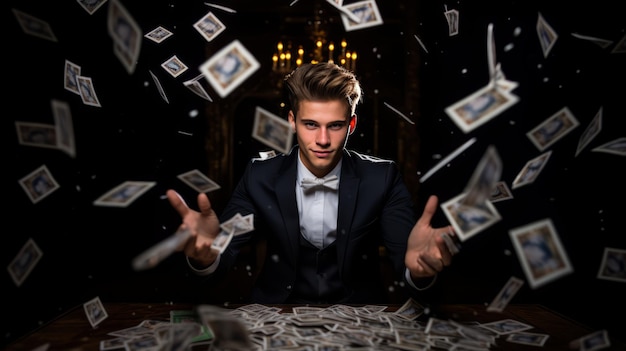 Giovane mago maschio di talento che gioca a poker su un palco con uno sfondo nero
